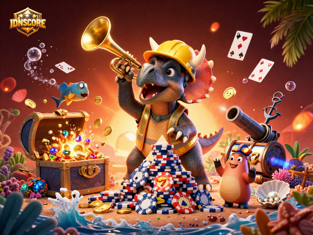 Engage with IDNSCORE's vibrant loyalty point rewards featuring triceratops and paradisaical gameplay.