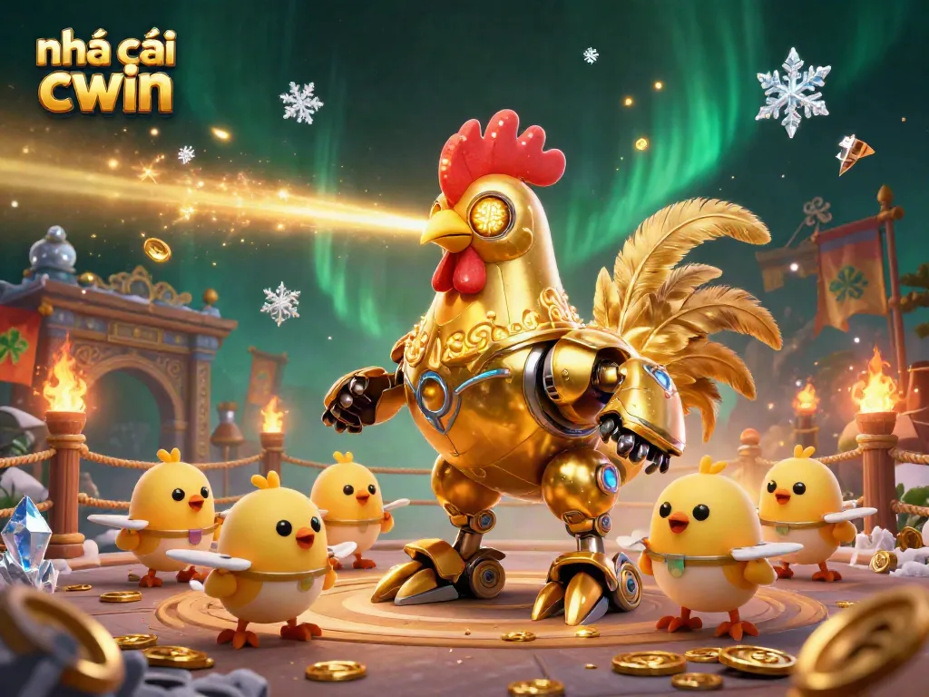Engage with the fun and adventure of nhà cái cwin through an exciting scene with a golden rooster robot and playful baby chick drones!