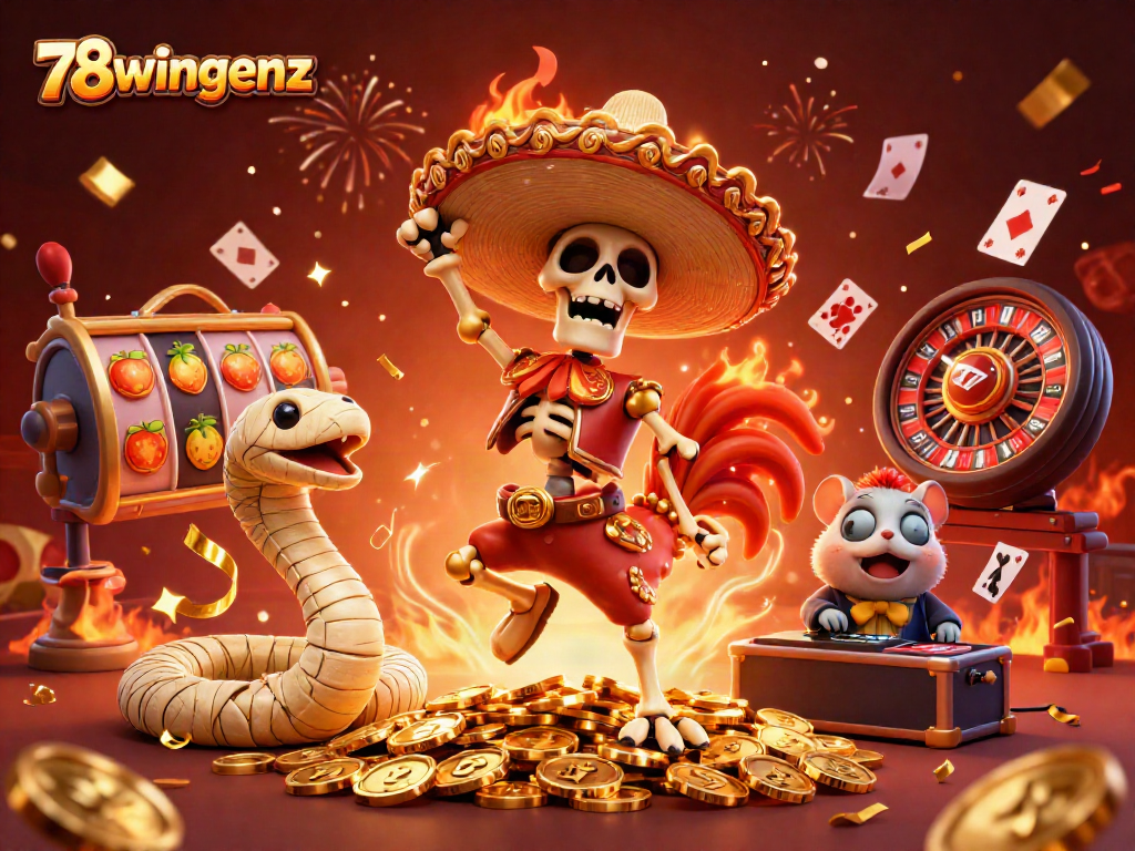 Experience the excitement at 78wingenz with colorful 3D casino characters celebrating on a gold coin backdrop.