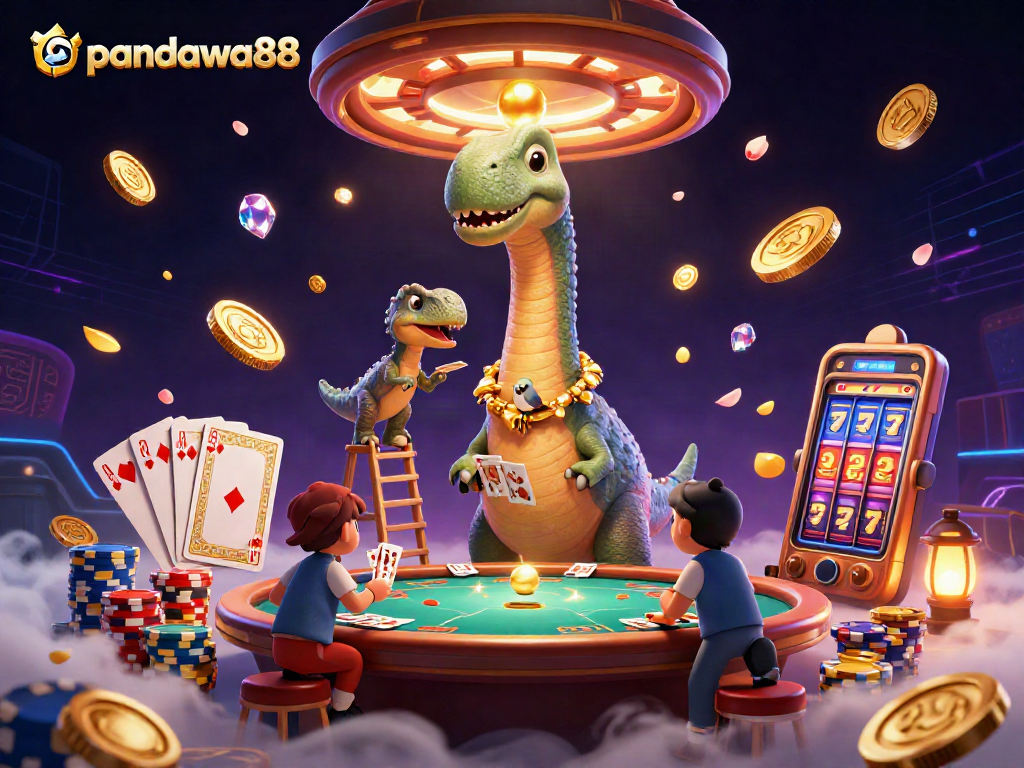 Gambarkan pandawa88 dalam adegan kasino penuh warna dengan dinosaurus dan raptor