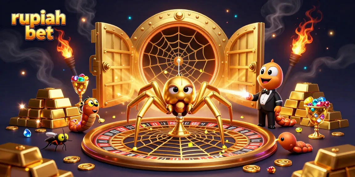 Engaging scene showing a 3D golden spider and centipede croupier in a vibrant "rupiah bet" casino setting, interactive and lively.