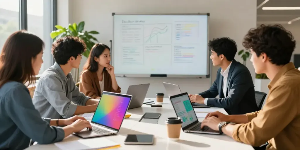 Pengusaha teknologi bekerja sama di ruang co-working modern, menganalisis pasar melalui laptop di https://portuguese.globalsources.com/products/HK/