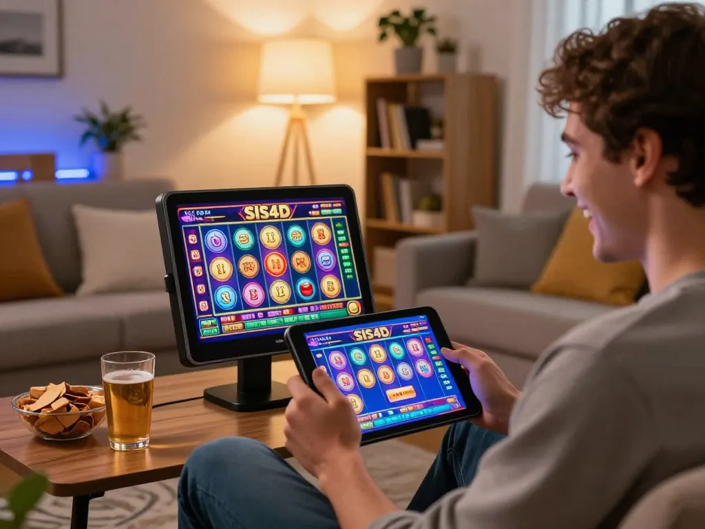 SIS4D player enjoying online slot games on tablet while relaxing at home in a cozy setting.