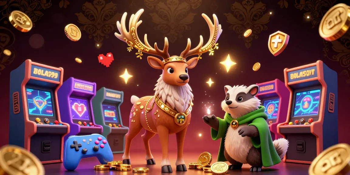 Play vibrant slot games with bolaslot99 featuring a Celtic druid stag, arcade machines, and glowing spirit lights.
