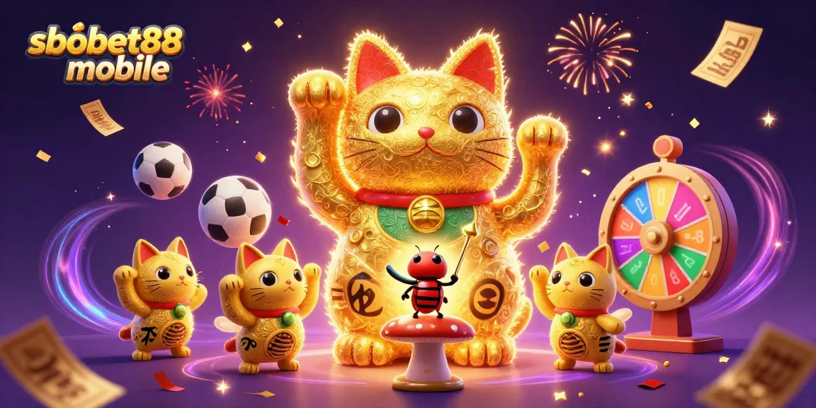 SBOBET88 mobile offers immersive sports betting with a vibrant, dynamic 3D illustration of lucky symbols and animated elements.