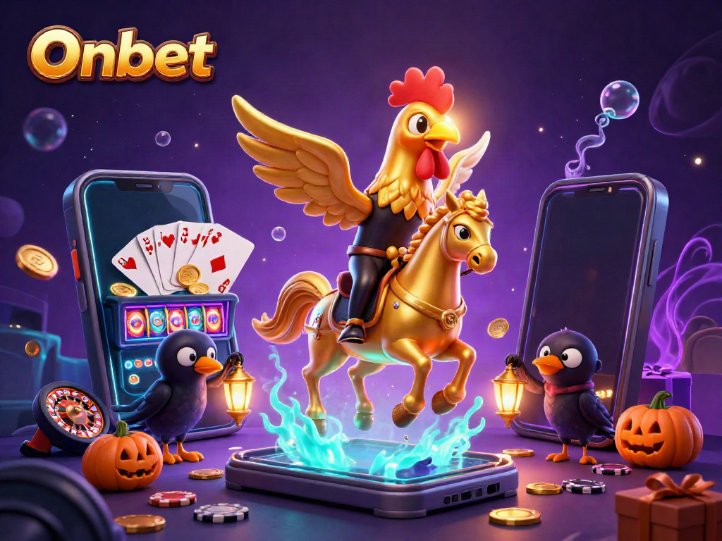 Experience thrilling gameplay at Onbet with a colorful casino scene filled with vibrant characters and slot games