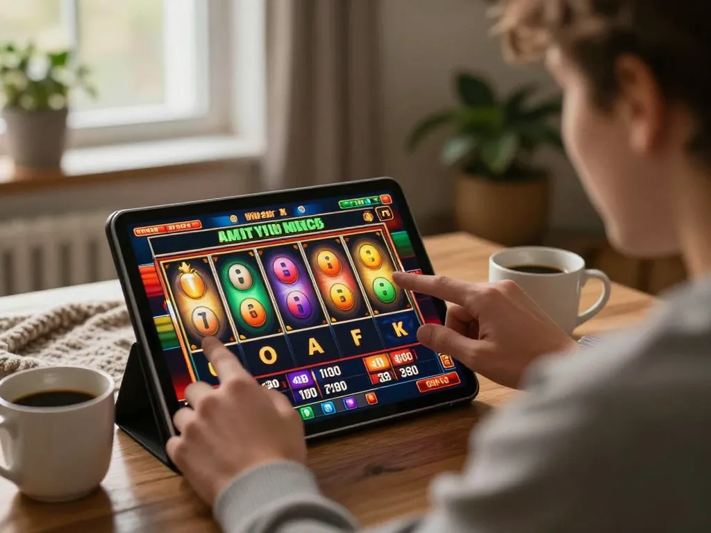 PULSASLOT SLOT ONLINE TERPERCAYA players enjoying spins on their tablet in a cozy home setting.