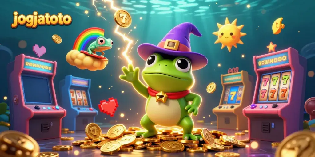 Experience the thrill of jogjatoto with a 3D rendition of a frog wizard and a surfing chameleon in an exciting casino scene.