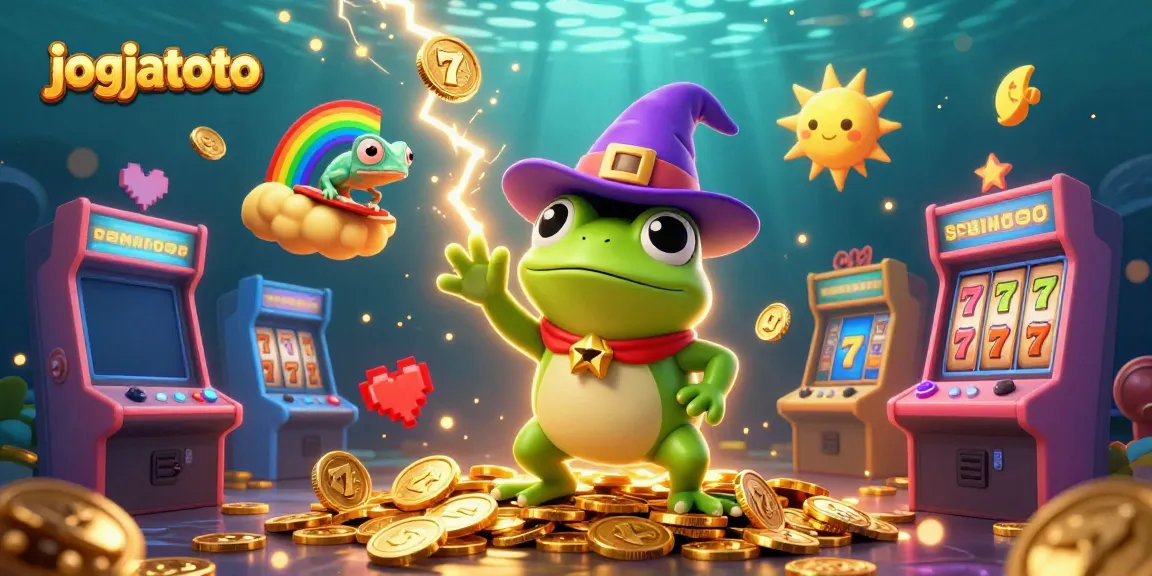 Experience the thrill of jogjatoto with a 3D rendition of a frog wizard and a surfing chameleon in an exciting casino scene.