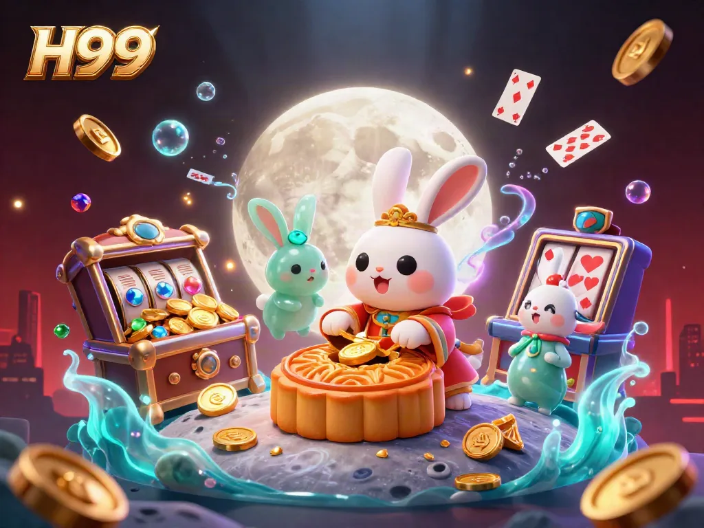 Engage with H99's thrilling casino world where a moon rabbit reveals poker chips amidst vivid slots and festive atmosphere.
