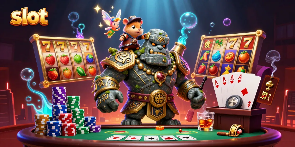 Slot menggoda dengan golem batu kuno, peri, dan ksatria hamster dalam suasana kasino.