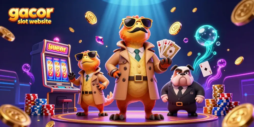 Experience thrill and excitement with the gacor slot website showcasing 3D raptors trying to sneak into a VIP casino lounge.