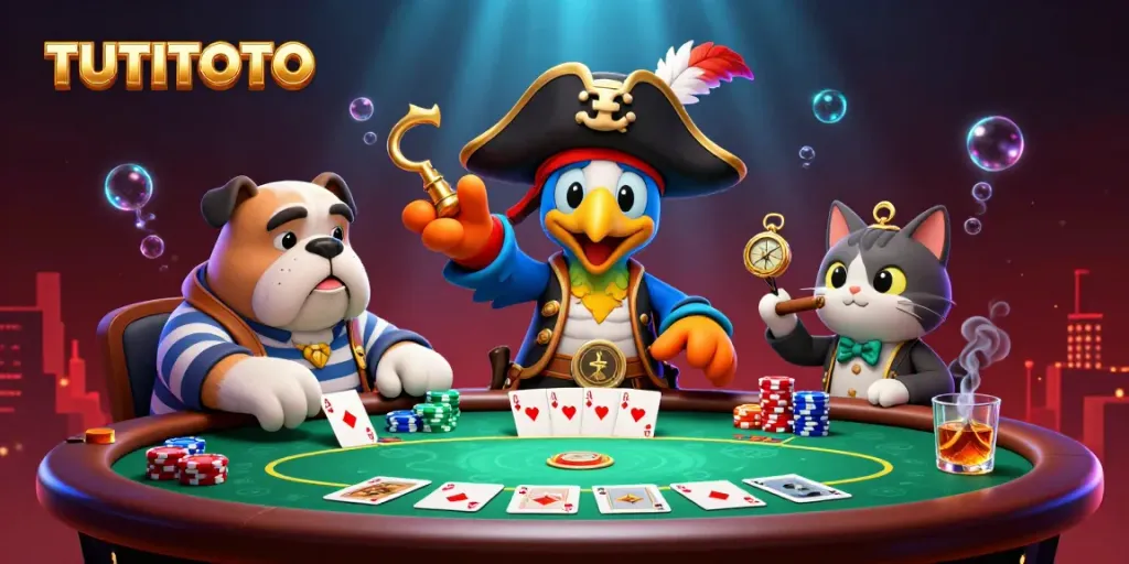 TUTITOTO brings a lively poker scene with a colorful 3D pirate crew at the table, showcasing poker elements and fun.