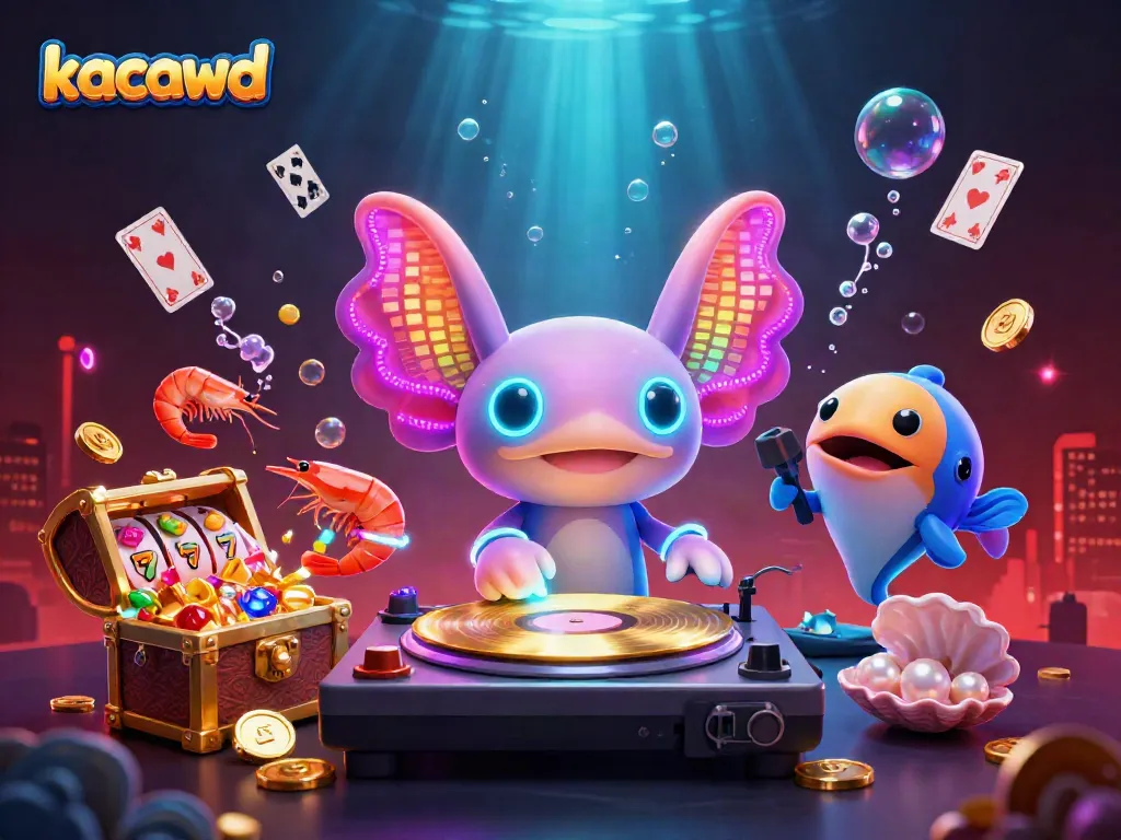 Ilustrasi 3D keceriaan kacawd dengan DJ axolotl neon menari bersama ikan dan harta karun dalam suasana kasino.
