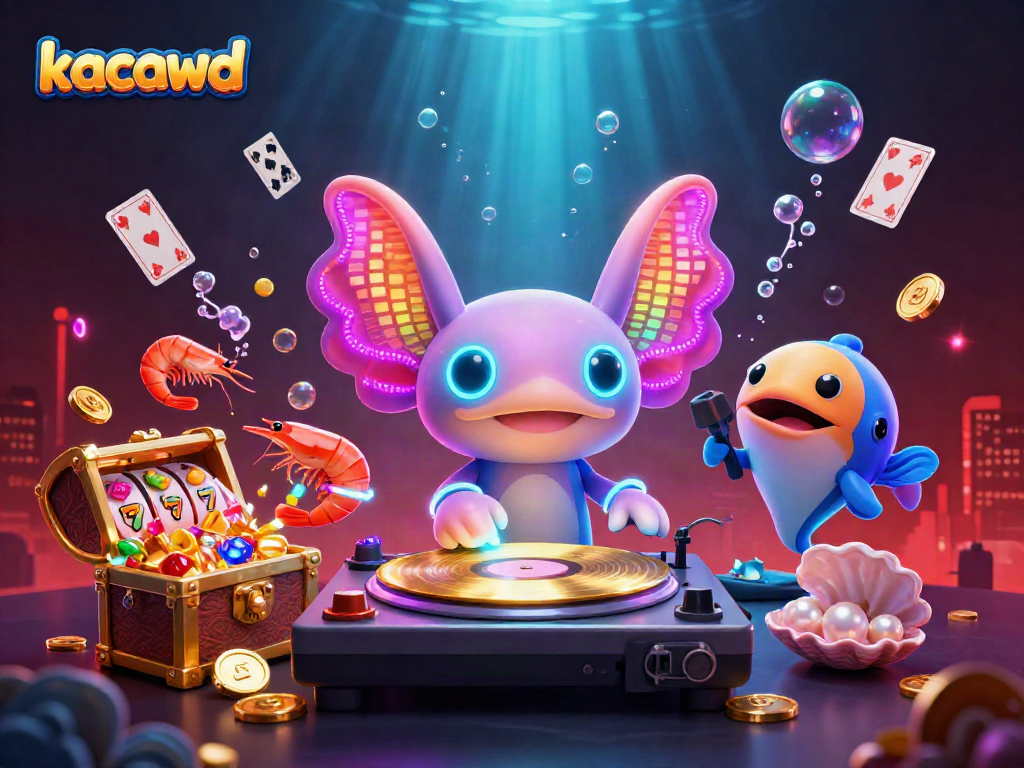 Ilustrasi 3D keceriaan kacawd dengan DJ axolotl neon menari bersama ikan dan harta karun dalam suasana kasino.