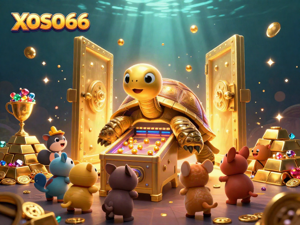 Experience the thrill of the XOSO66 casino with a vibrant scene filled with excitement, treasures, and mini-games.