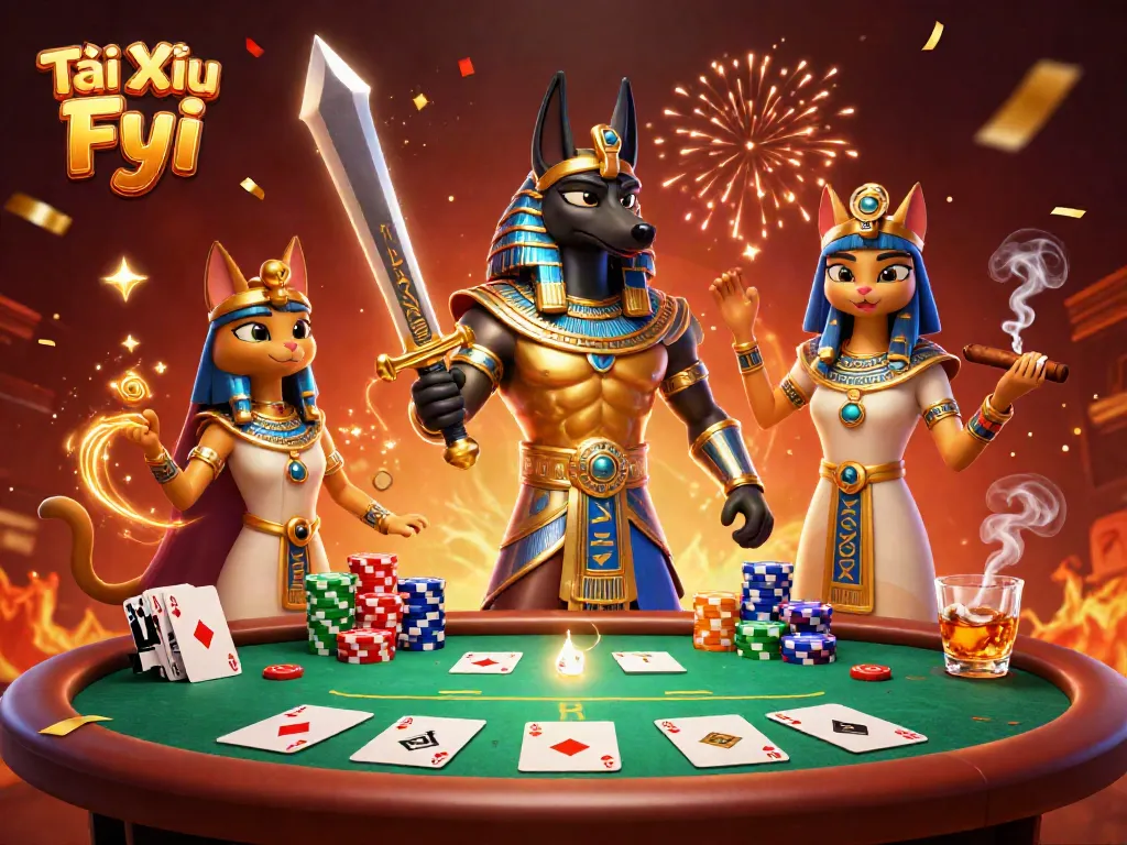 Experience the excitement of Tài Xỉu Fyi with Anubis and Bastet at a lively poker table.