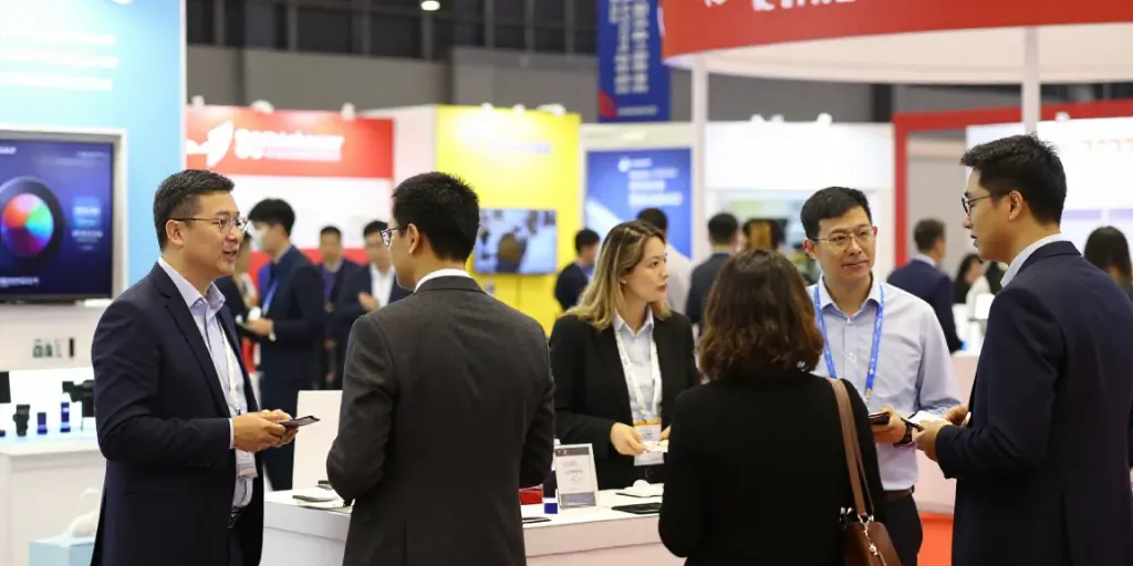 Pameran Expositores di konferensi bisnis, booth berwarna-warni dan para pengunjung saling berinteraksi.