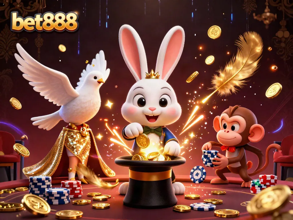 Experience the thrilling action of bet888 with a magician rabbit, dove, and monkey in a vibrant casino scene.