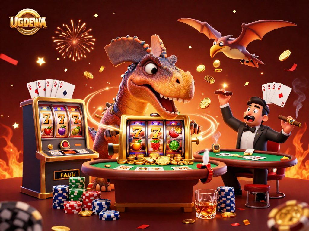 UGDEWA features a pachycephalosaurus jackpot celebration at a vibrant casino scene.