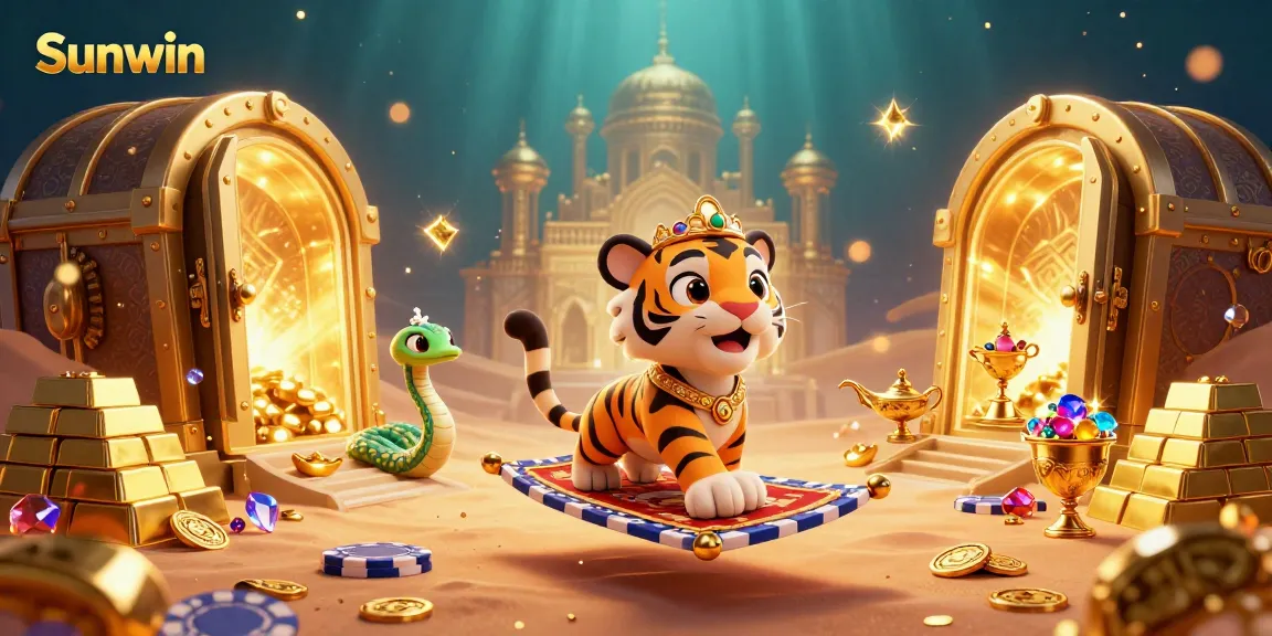 Join the adventure with Sunwin, a vibrant 3D scene of a sultan amidst shimmering treasures and casino excitement.