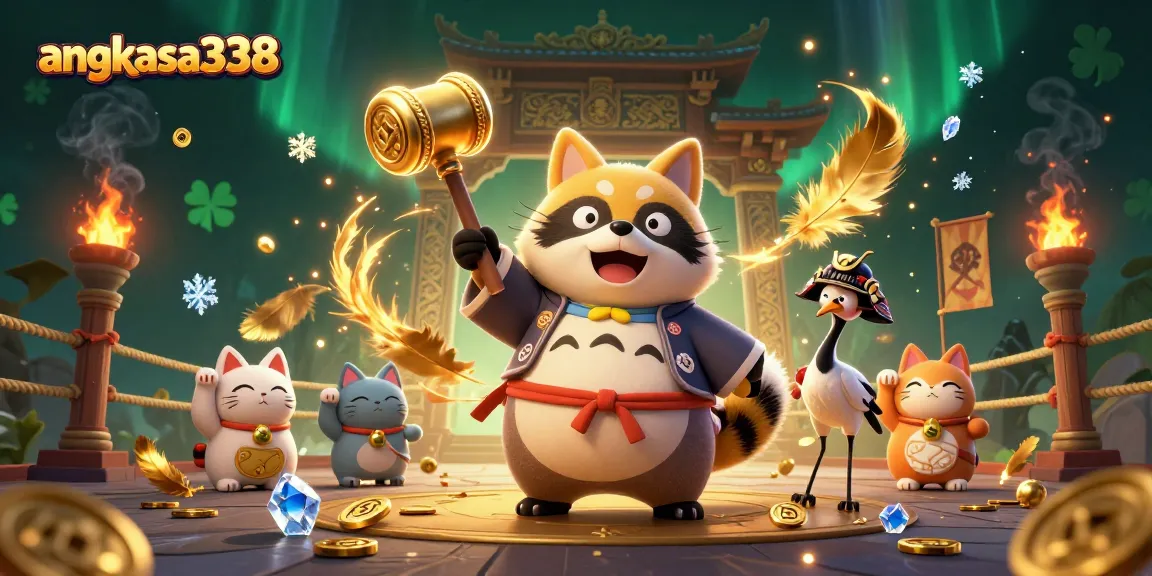 Play and win with angkasa338 in this vibrant casino adventure featuring lucky tanuki and fortune cats.