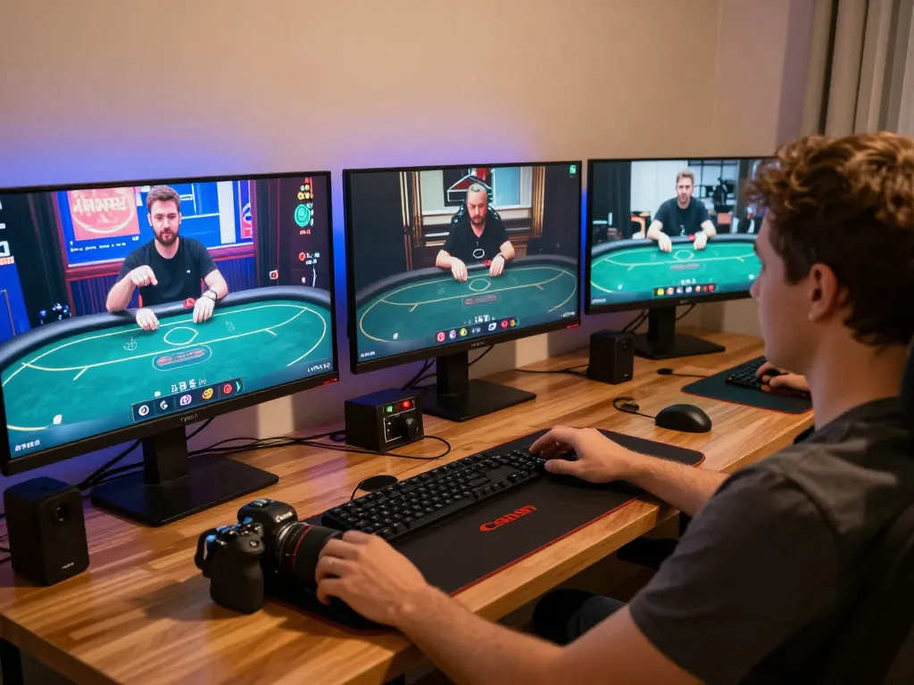 Engaging home poker gaming experience with qq mobil on multiple screens, showcasing intense gameplay atmosphere.