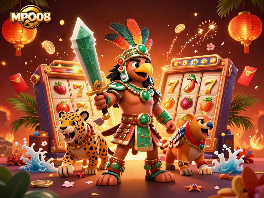 Engage in MPO08 casino fun with vibrant characters and slot elements illustrating an exciting gaming adventure.