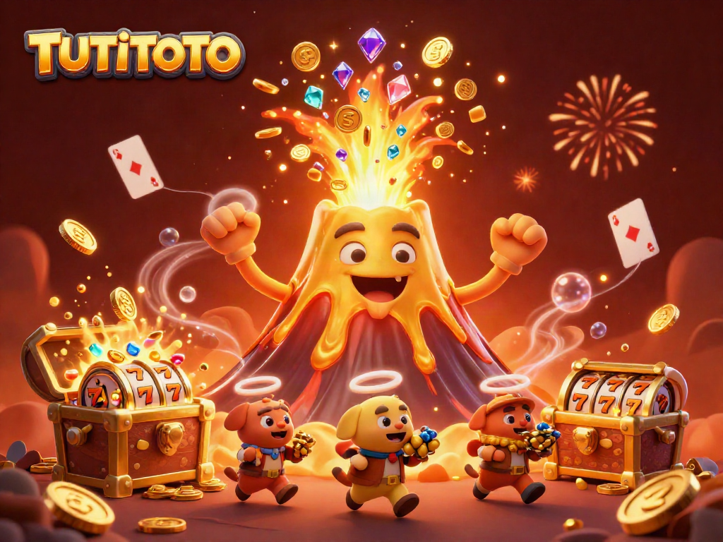 TUTITOTO showcases a thrilling 3D illustration of a volcano erupting coins, slot reels spinning, and treasure animals escaping, symbolizing exciting online gameplay.