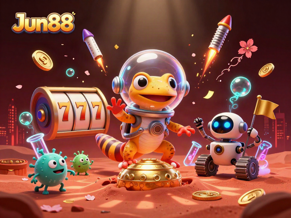 Engage with Jun88, where a Martian gecko uncovers treasures at a golden casino on Mars.