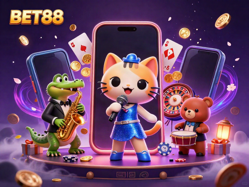 Experience fun at BET88 with lively characters celebrating gaming success amidst vibrant casino elements.