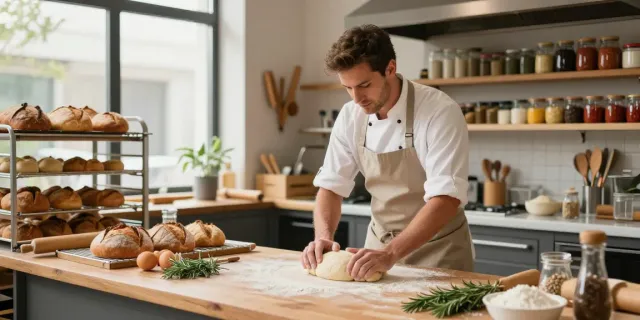 Skilled baker at www.torinobaking.com kneading fresh dough in a sunlit bakery.