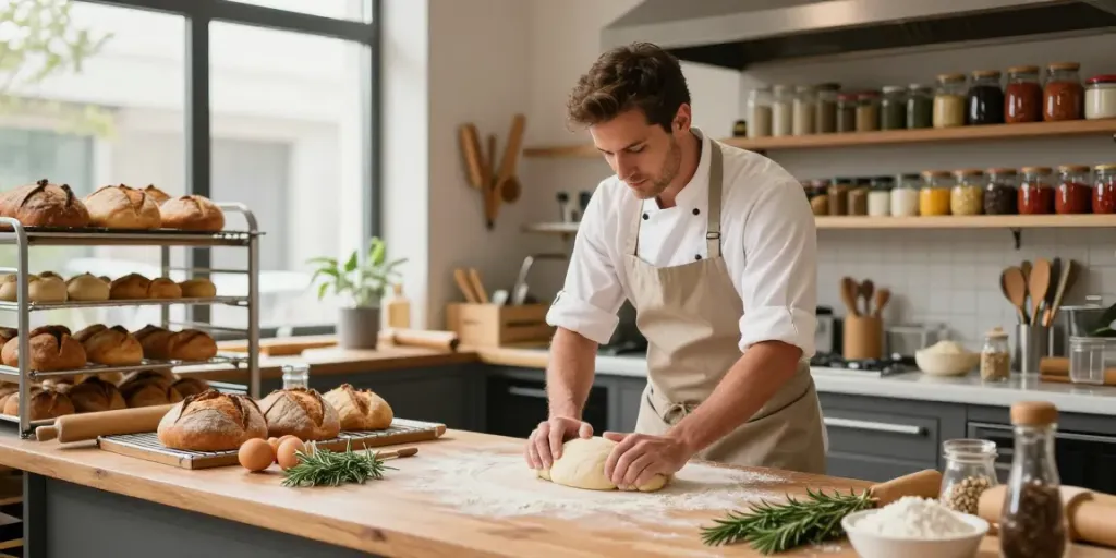 Skilled baker at www.torinobaking.com kneading fresh dough in a sunlit bakery.