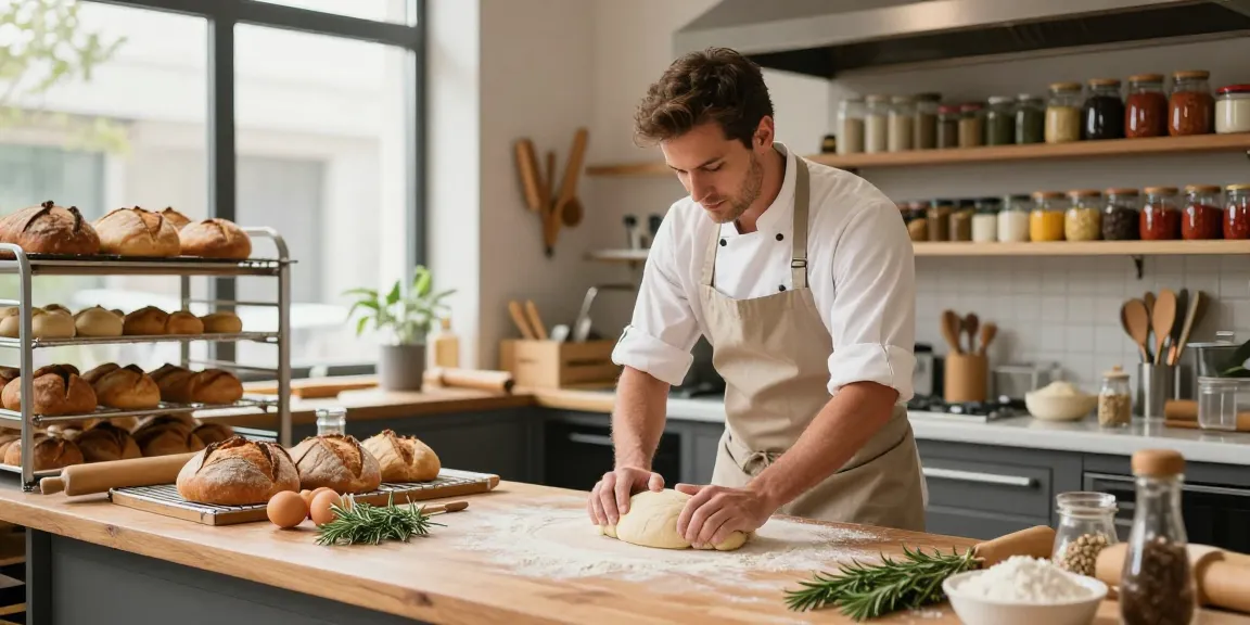 Skilled baker at www.torinobaking.com kneading fresh dough in a sunlit bakery.