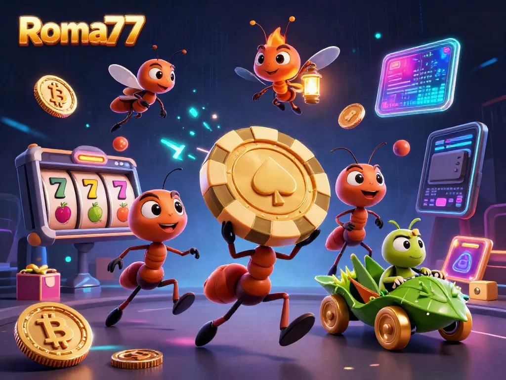 Experience the excitement with Roma77 in this dynamic heist scene featuring vibrant slot elements and crypto coins.