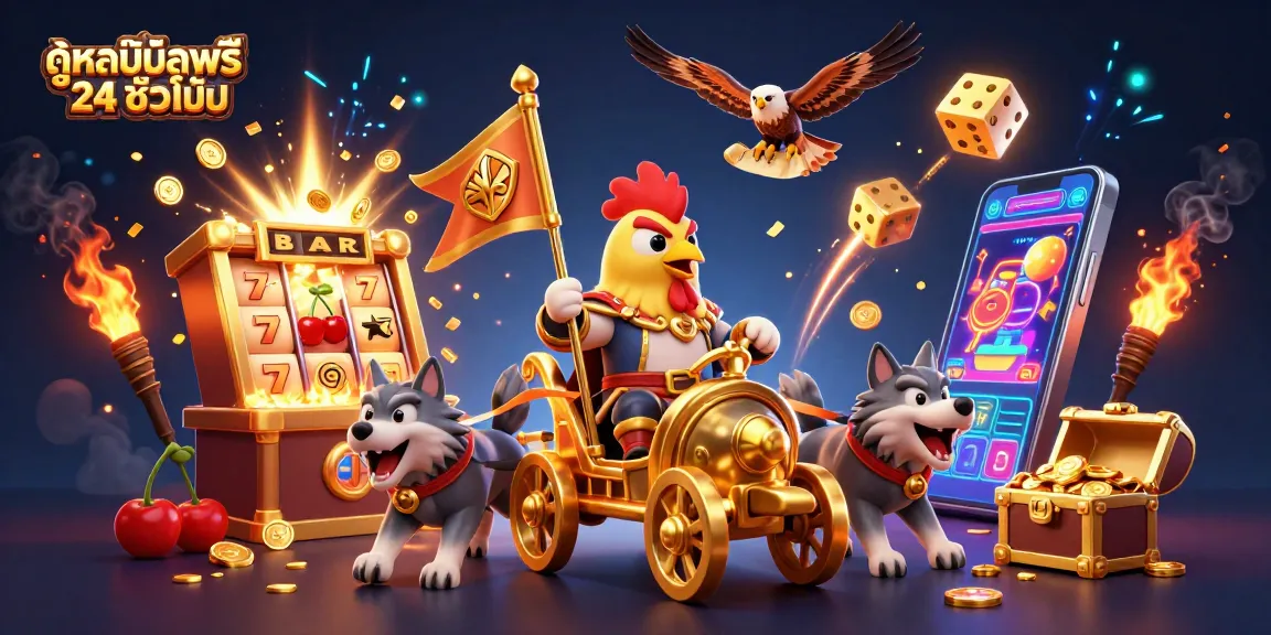 Experience ดูหนังออนไลน์ฟรี 24 ชั่วโมง with a thrilling 3D casino scene of a rooster warlord and vibrant gaming elements.