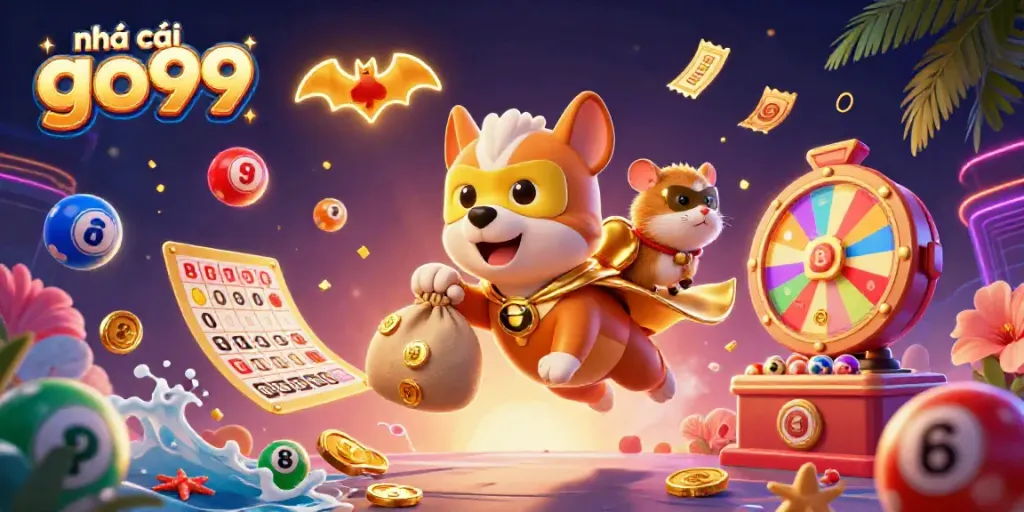 Engage with the vibrant world of nhà cái go99 where fun meets fortune with a lively cartoon scene filled with gold coins and games.