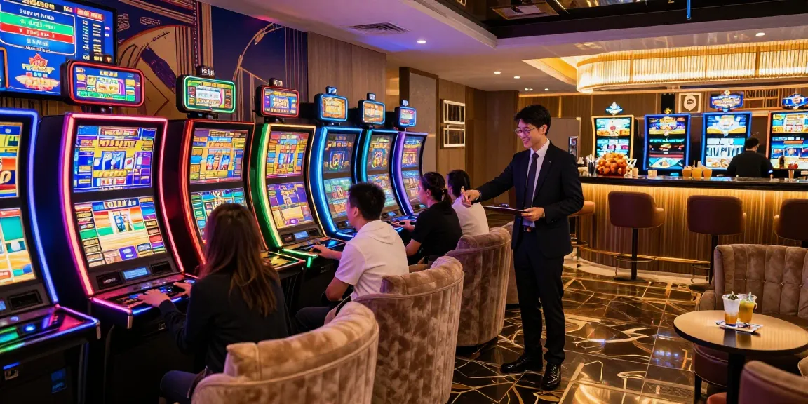 LUXURY777 Situs Resmi Terbaru - Lingkungan permainan mewah dengan pencahayaan LED warna-warni dan pengunjung bermain mesin slot.