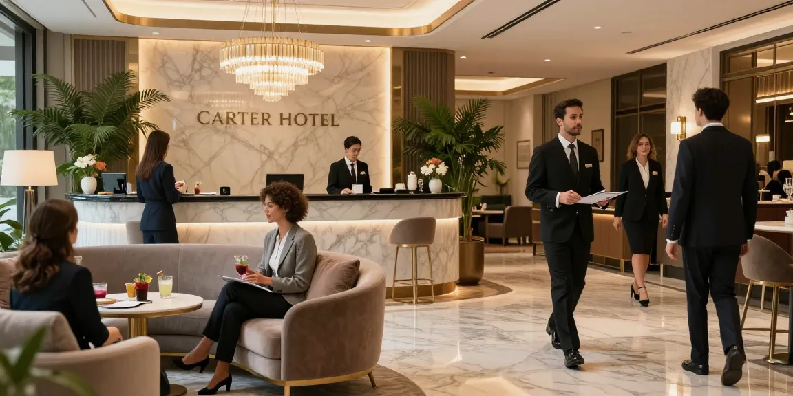 Experience the luxury of rokok88 super hospitality at Carter Hotel's reception area, highlighting elegance and service.