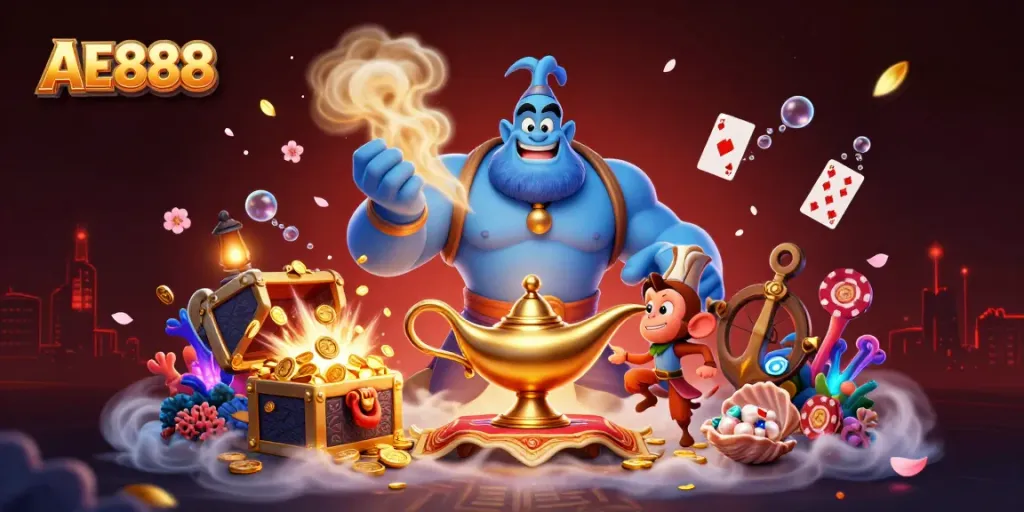 Experience the magic of AE888 with a vibrant 3D illustration featuring a genie and treasure-filled scene.