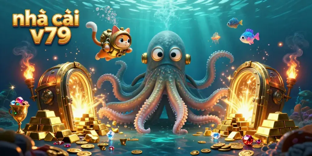 Experience the captivating gambling world at nhà cái v79 with a kraken amid treasure and adventures.
