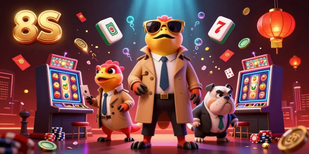 Experience 8S gaming thrills with raptors in a trench coat entering a VIP casino, surrounded by vibrant gaming elements.
