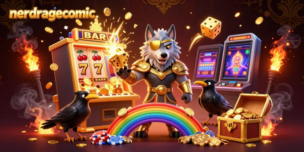 Gambar narasi nerdragecomic menampilkan karakter Norse dan mesin slot yang penuh keberuntungan.