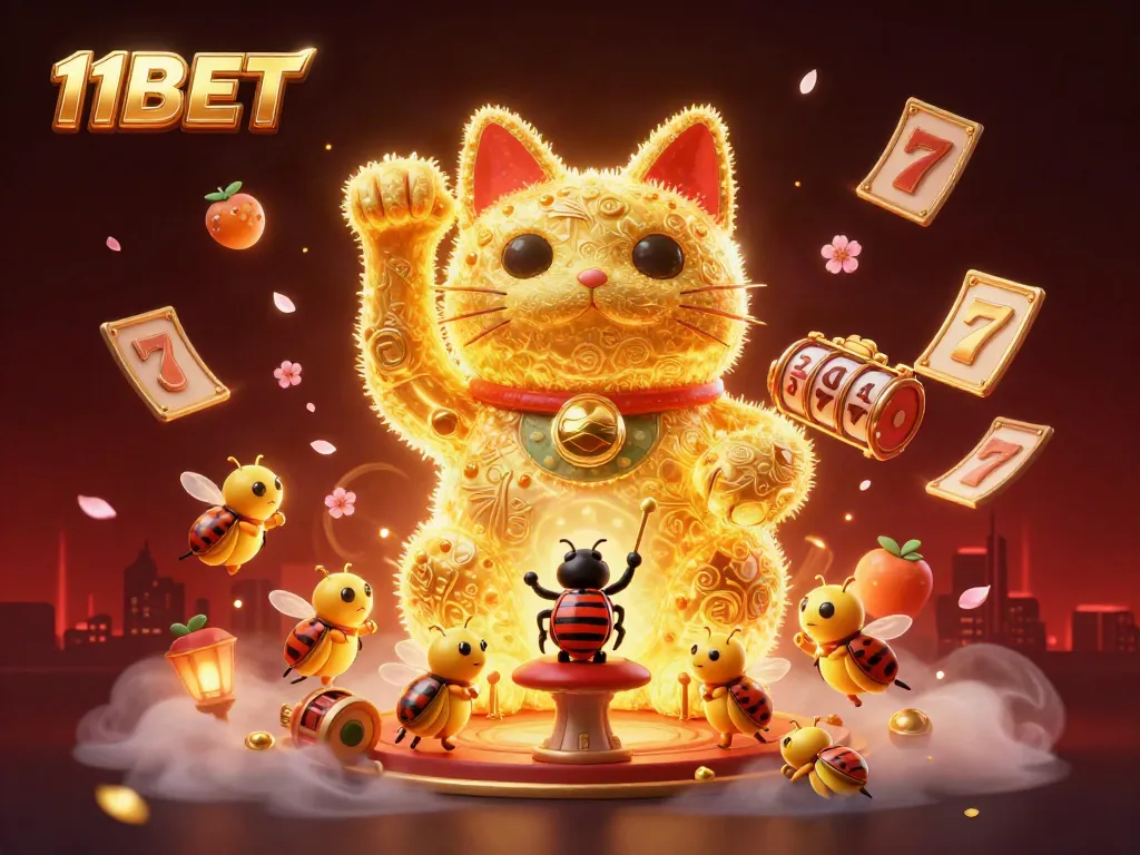 Join the excitement with 11BET's giant lucky cat design surrounded by vibrant casino symbols.