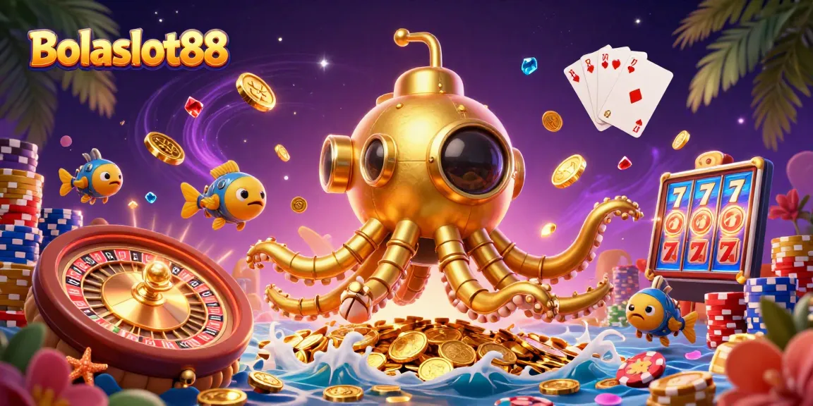 Bolaslot88's captivating golden kraken submarine navigates a sea of coins amidst vibrant casino elements.
