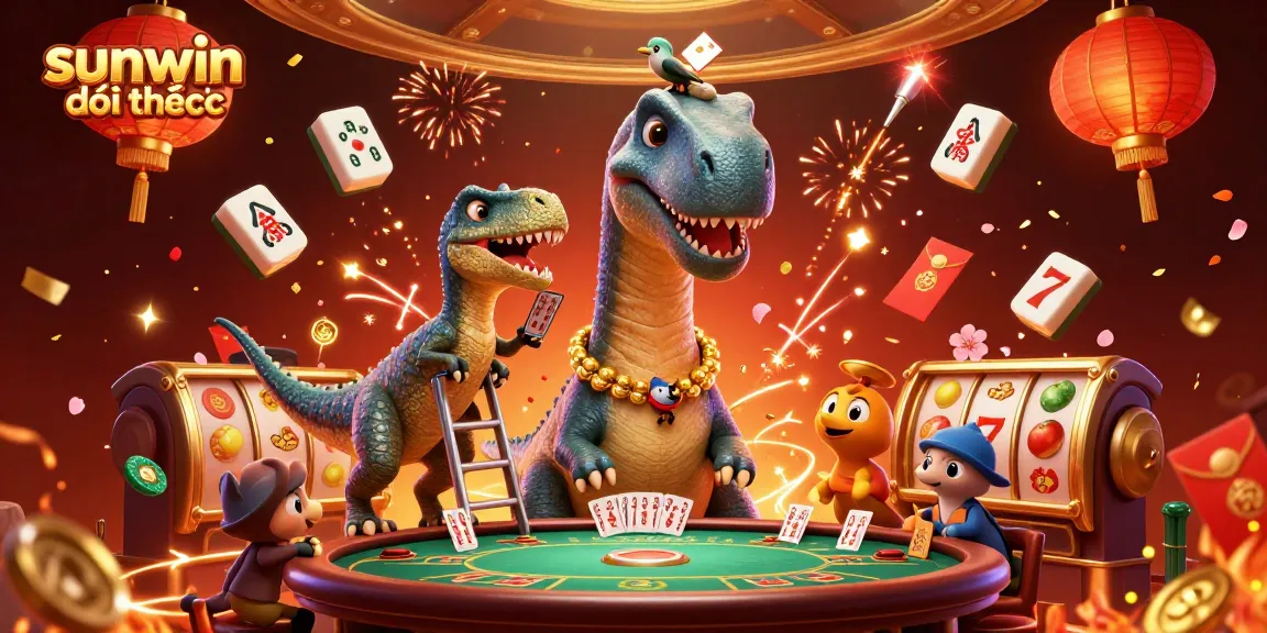 Experience the thrill of sunwin đổi thưởng with this vibrant 3D casino scene featuring playful dinosaurs and festive gambling elements.