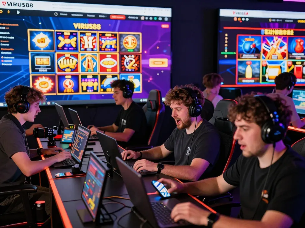 Pemain menikmati platform permainan online VIRUS88 dengan permainan slot yang berwarna-warni.