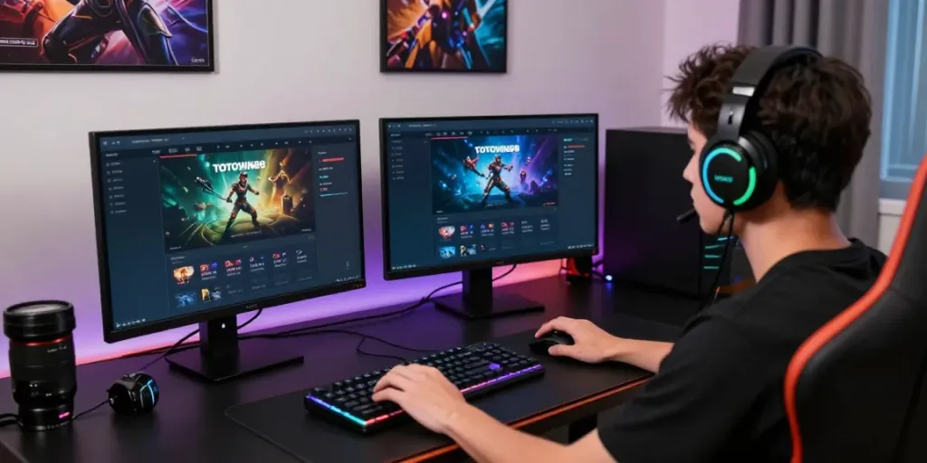 Tampilan permainan TOTOWIN88 dengan pemain fokus di meja gaming modern.