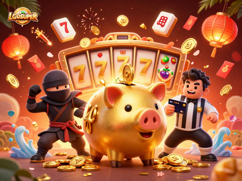 Experience LGOSUPER's thrilling gaming moments with a dynamic casino-themed illustration.
