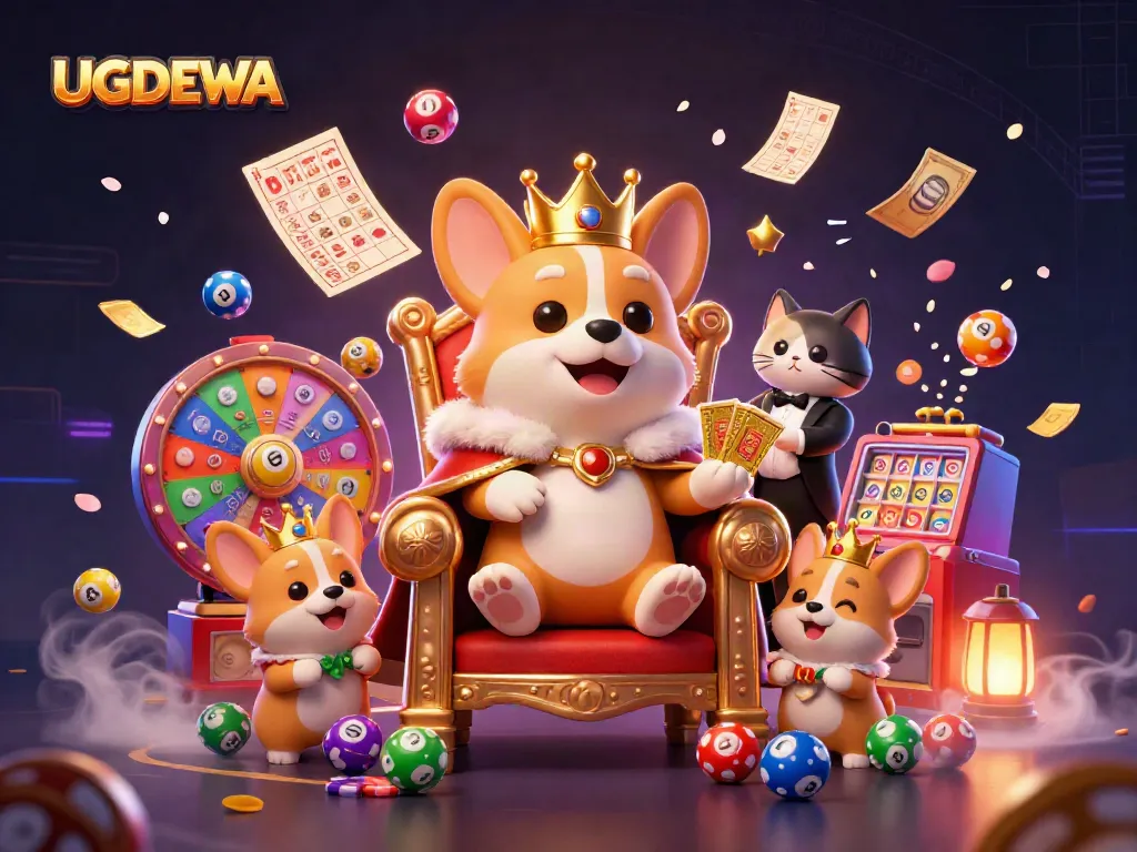 Join the casino festivities with UGDEWA as the corgi king presides over a vibrant scene of lottery fun and gambling excitement.